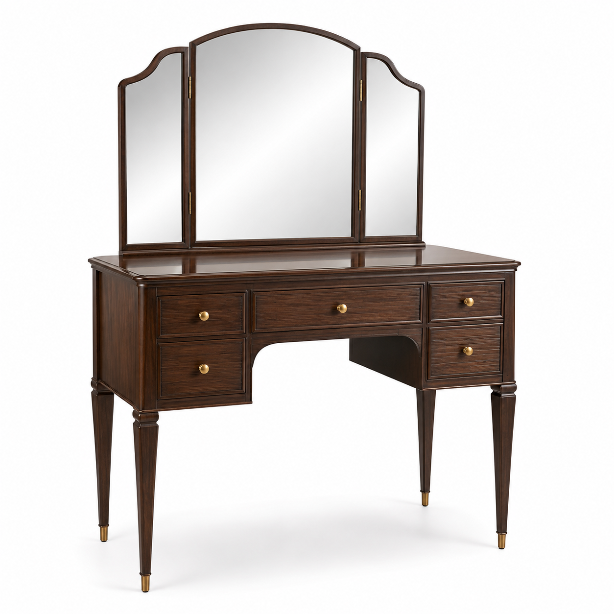 Coiffeuse noyer foncé avec miroir triptyque 110x45x145 cm